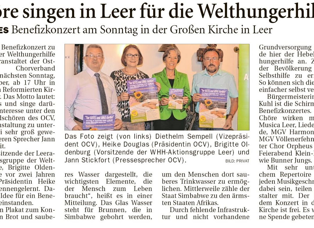 Pressebericht Chöre singen in Leer für die Welthungerhilfe